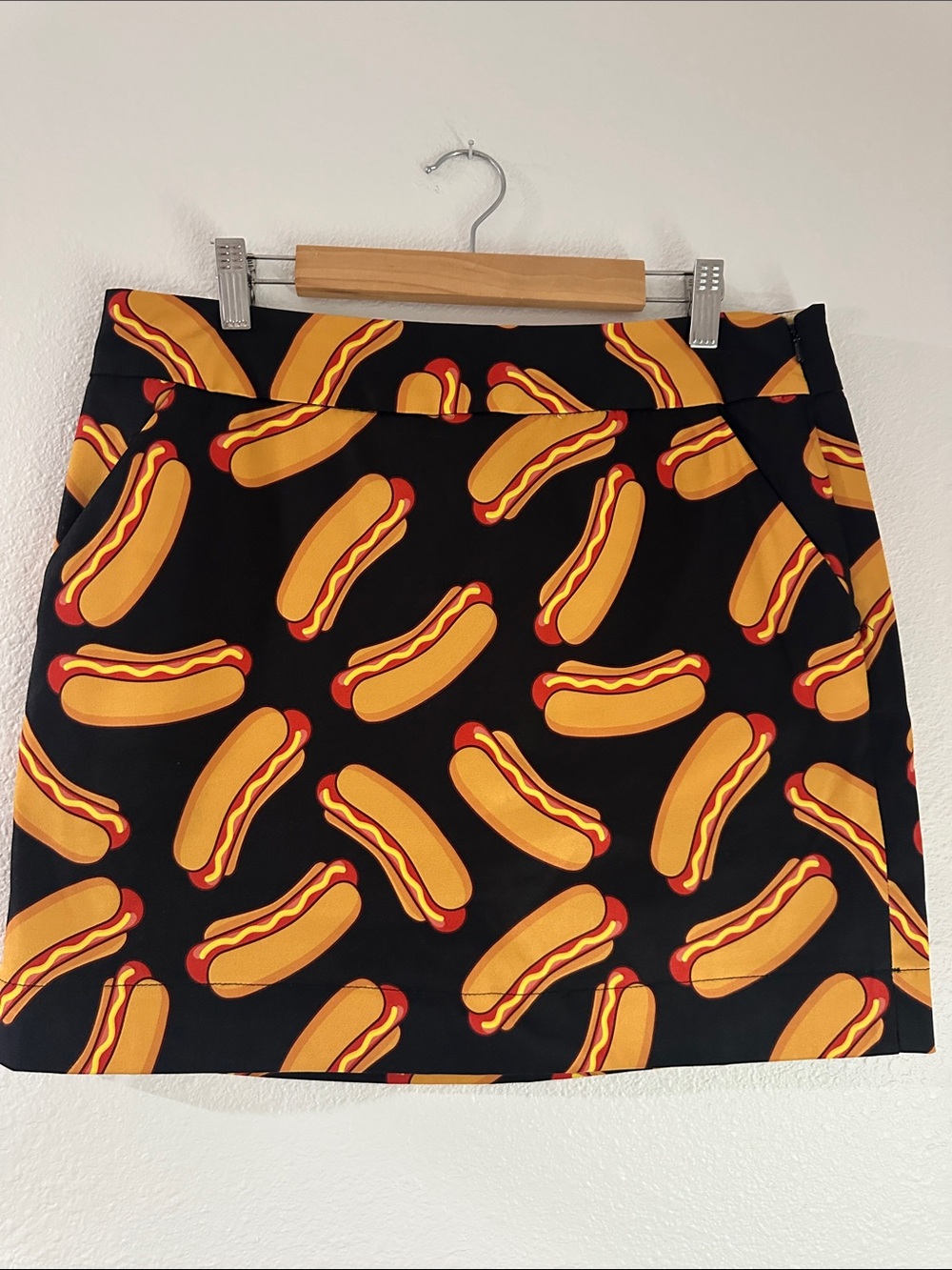 Black Mini Skirt with Playful Hot Dog Print